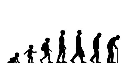 Obraz premium Human Life Stages Depicted as a Black and White Silhouette Illustration Showing Growth From Infancy to Old Age