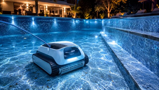 Robotic pool cleaner at work in illuminated luxury swimming pool at night with marble steps