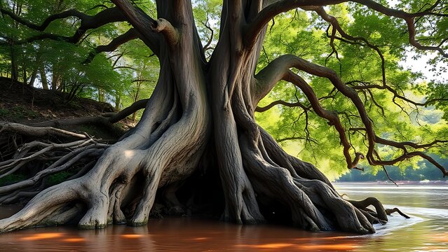 Exposed roots of a large tree on a riverbank under a lush canopy.