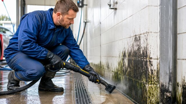 Professional cleaner removing mold and grime from tiled wall in an industrial setting with a high-pressure steam tool
