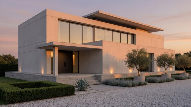 A luxury multi story residence constructed from smooth concrete panels features large glass windows and atmospheric sunset lighting illuminating the exterior facade and decorative flora in the ev