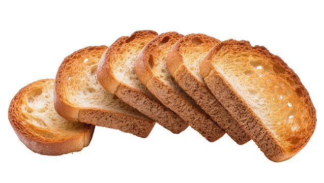 Isolated crispy golden brown toasted bread slices, crunchy rusks for breakfast or snack