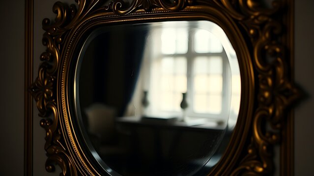 Ornate antique mirror with rippling surface reflecting a distorted room.