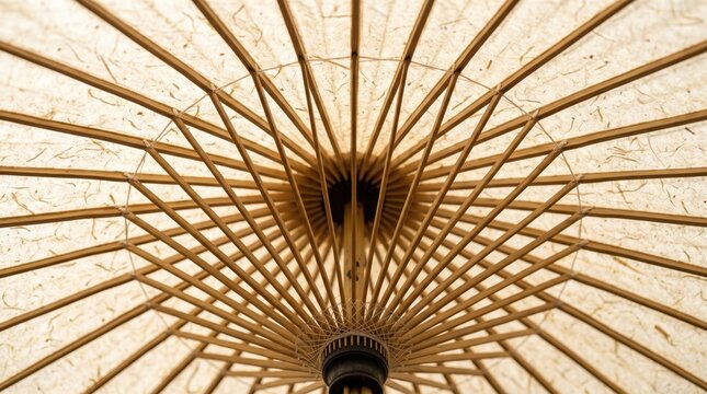 Traditional paper parasol underside with radial wooden ribs and spokes, close up of beige textured paper and craftsmanship, decorative umbrella structure