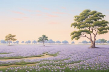 Fototapeta premium Painting of viola field landscape grassland lavender.