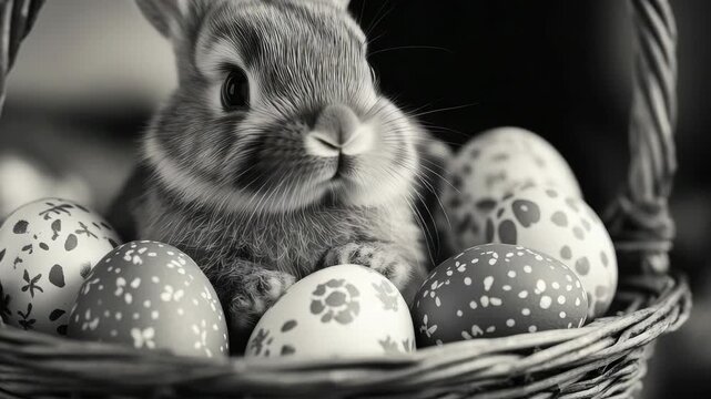 Adorable pet rabbit laying in basket filled with speckled easter eggs.