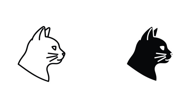 Cat head vector icon isolated on white Black and white outline line art and solid glyph silhouette