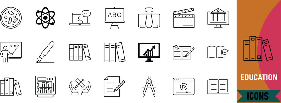 Education learning academic vector icons. books icon set, blackboard icon set, atom icon set