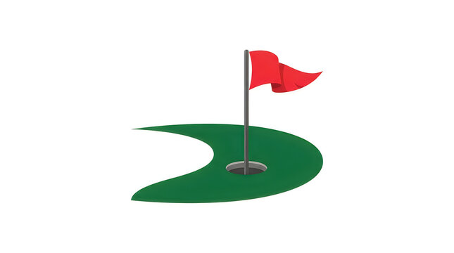 A stylized golf hole with a red flag waving, clean flat design, solid white background