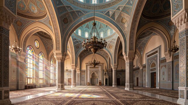 Mosque Interior with Ornate Islamic Architecture and Light Rays