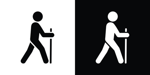 Obraz premium Hiking and trekking stick man icon set. Black and white vector symbol representing outdoor adventure, Nordic walking, fitness, and active lifestyle.