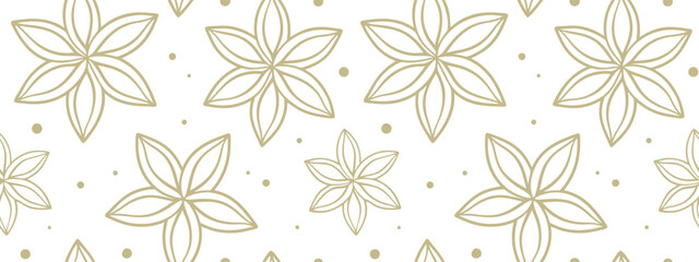 Elegant geometric floral seamless pattern with hand drawn line flowers and dotted accents. Minimal repeating ornament creates a modern decorative background. Vector design for fabric, wallpaper  © Parul