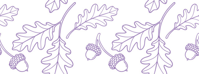 Hand drawn oak leaf and acorn seamless pattern with elegant botanical line art. Decorative woodland ornament creates a natural repeating background. Modern vector design for fabric and stationery. © Parul
