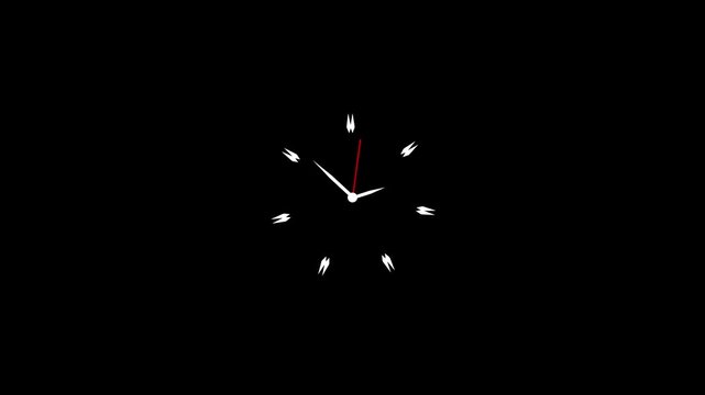 Minimalist animated clock ticking motion graphic with white glowing hands and a red second arrow on a black background, perfect for time management and countdown projects.