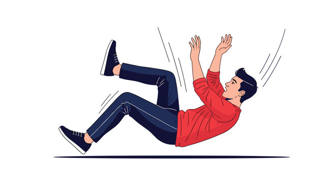 Young man in red shirt and dark pants falling backwards through the air with arms up and surprised expression.