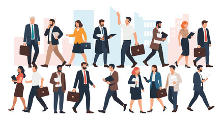 Obraz premium Large group of diverse professional business men and women walking with briefcases and documents in a city street.