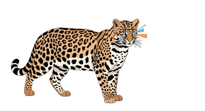 Detailed illustration of a large spotted leopard standing and looking forward against an isolated white background.