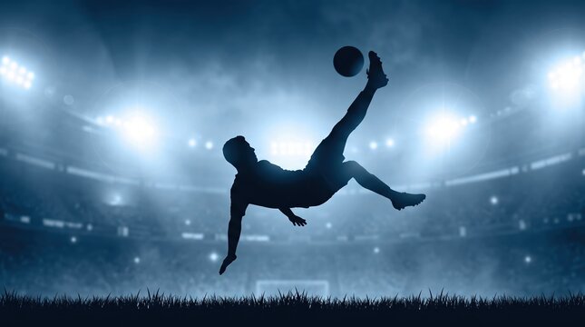 Powerful soccer player silhouette performs overhead kick under bright stadium lights