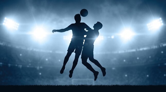 Soccer players jumping for header silhouette in stadium under bright lights