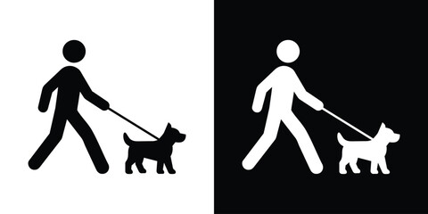 Minimalist man walking dog on a leash icon set. Black and white vector pictogram representing pet care, daily dog walking, and domestic animals. © bibin