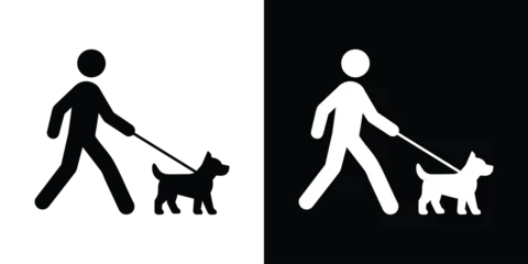 Fototapeten Restaurant Minimalist man walking dog on a leash icon set. Black and white vector pictogram representing pet care, daily dog walking, and domestic animals.  © bibin