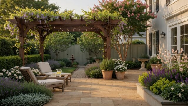 A serene backyard oasis features a wooden pergola draped in blossoming flowers with cozy lounge seating arranged on a stone patio surrounded by vibrant greenery and fragrant lavender garden borde