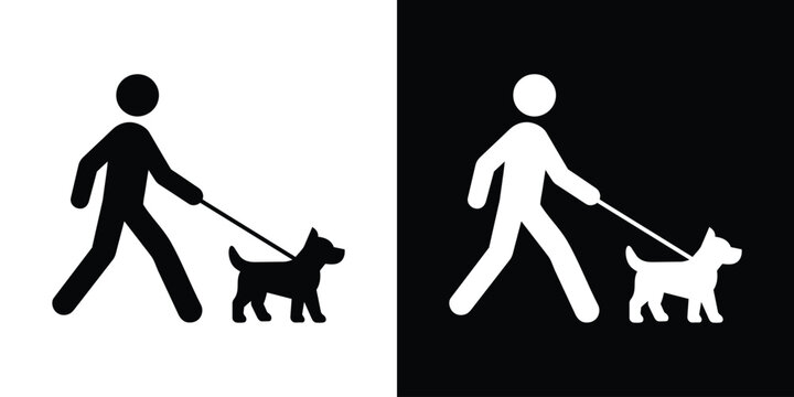 Minimalist man walking dog on a leash icon set. Black and white vector pictogram representing pet care, daily dog walking, and domestic animals.