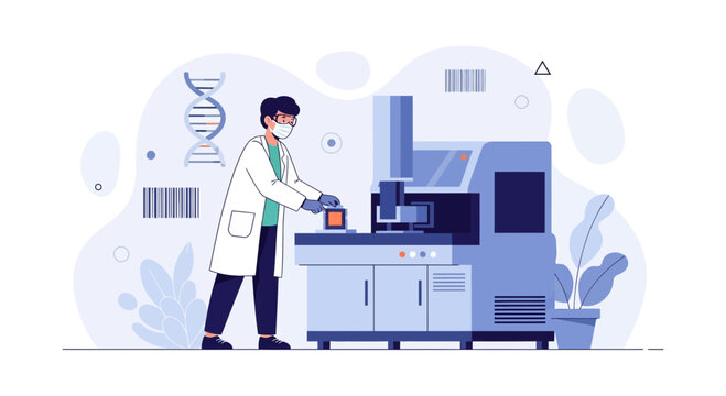 Scientist in Lab Coat Working with Advanced DNA Sequencing Machine, Illustrating Biotechnology and Genetic Research