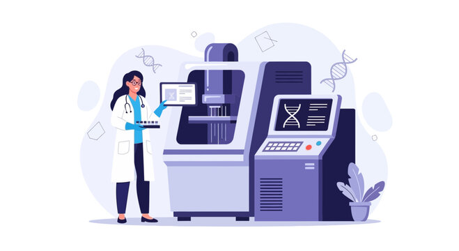 Scientist working with DNA sequencing machine in modern laboratory, illustration