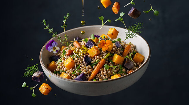 Fresh Vegetable Salad Bowl with Roasted Sweet Potatoes and Greens Top View