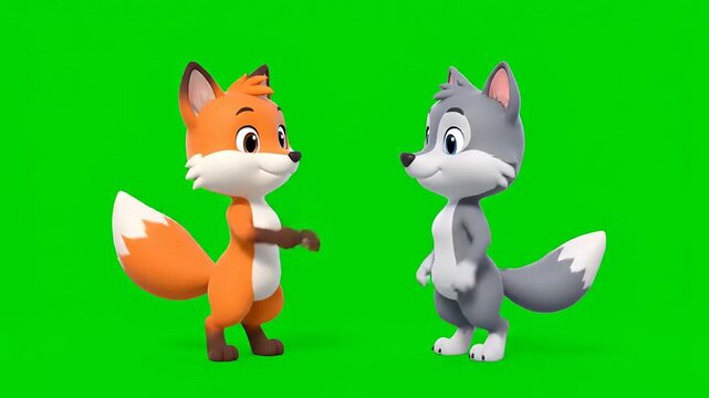 Cute cartoon fox and wolf dancing and interacting on green screen background.