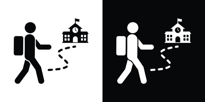 Student walking to school icon set. Black and white vector graphic featuring a person with a backpack following a route to a school building with a clock.