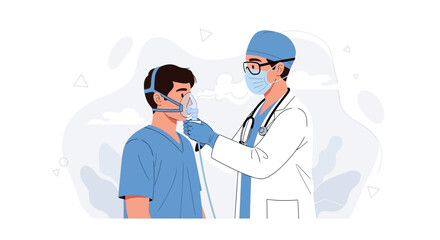 Fototapeta premium Doctor administering oxygen therapy to patient with inhaler mask, modern vector illustration of healthcare and medical treatment.