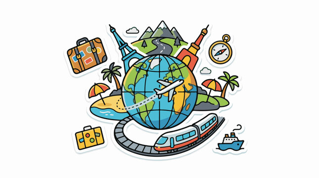 Globe surrounded by travel icons including a plane train and suitcase