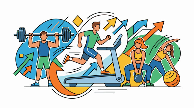 Group fitness activities depicting weightlifting running and core exercises
