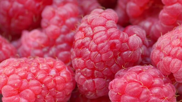 Close up of fresh raspberries with a slow camera slider shot from left to right