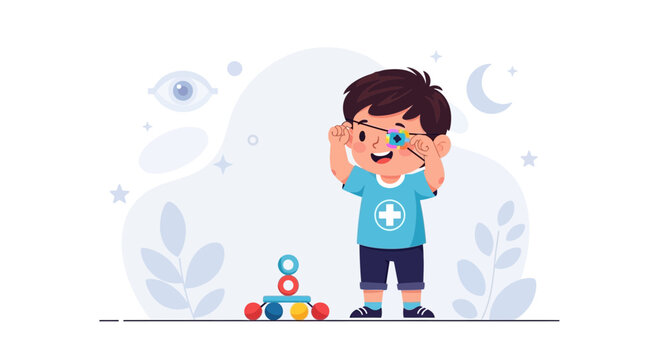Cute cartoon boy undergoing an eye exam, exploring vision and eye care with a playful approach.