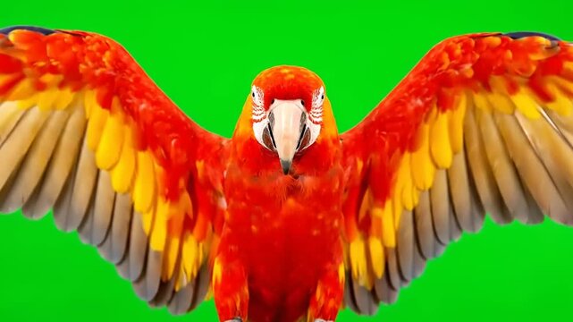 Vibrant Scarlet Macaw Parrot Spreading Wings on Green Screen Background.
