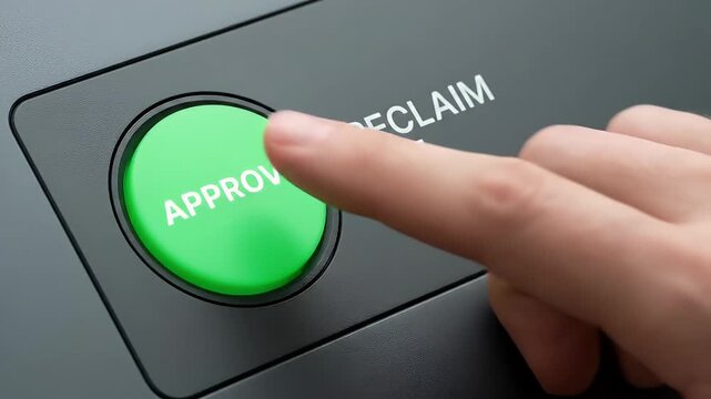 Approve button pressed by finger on black device with green round switch, close up of hand pushing reclaim VAT key for tax refund and financial approval process