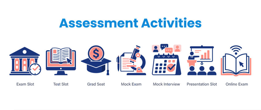 Assessment activities icon set, education exam and test icons, 7 academic vector elements