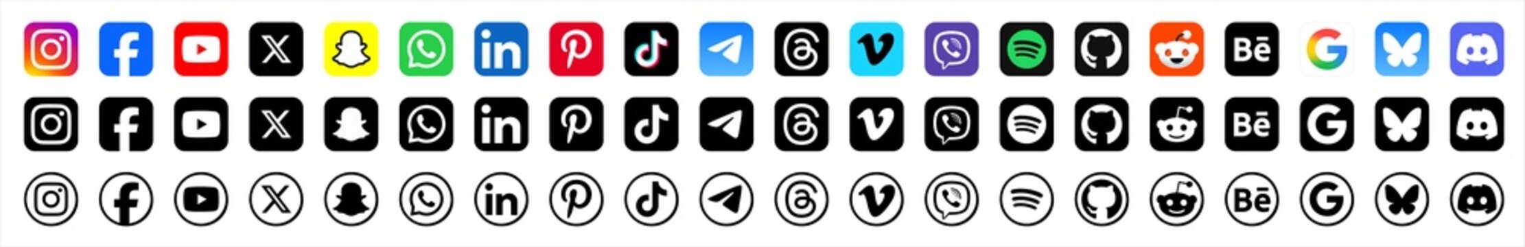 Latest 2026 Social media icons vector set. Social network logos collection. Instagram, Facebook, YouTube, X , Snapchat, WhatsApp, LinkedIn, Vimeo, TikTok, Viber, Threads, BlueSky, Discord.