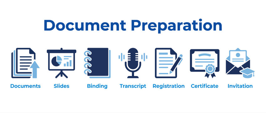Document preparation icons, business administration vector set, office paperwork signs