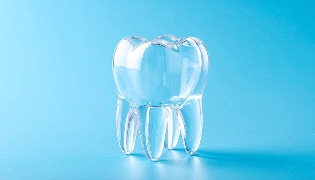 Transparent 3D model of human molar tooth showing internal nerve structures, vibrant blue studio backdrop. Close-up.