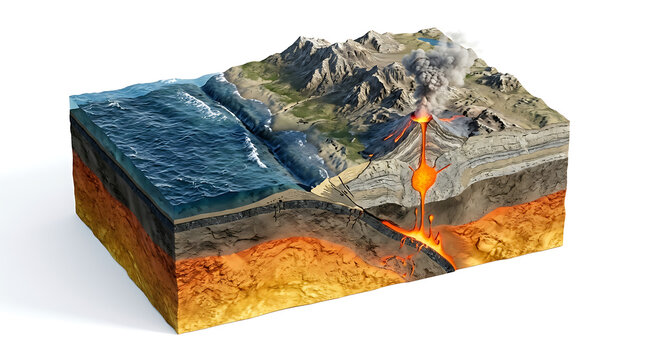 Geological Diagram of Subduction Zone and Volcanic Eruption Isolated on White Background