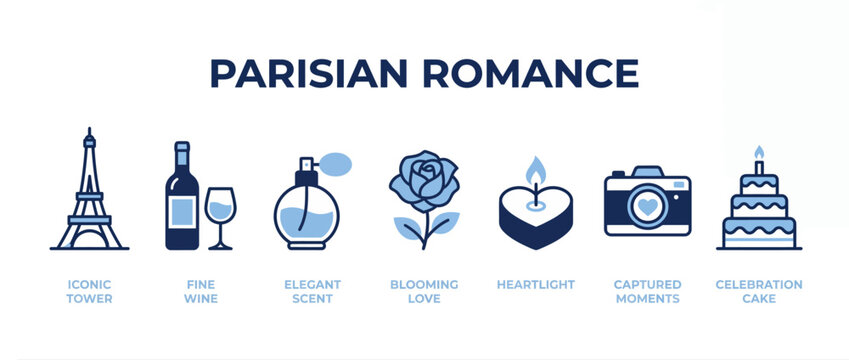Parisian romance line icon set, elegant blue French love symbols, vector graphics