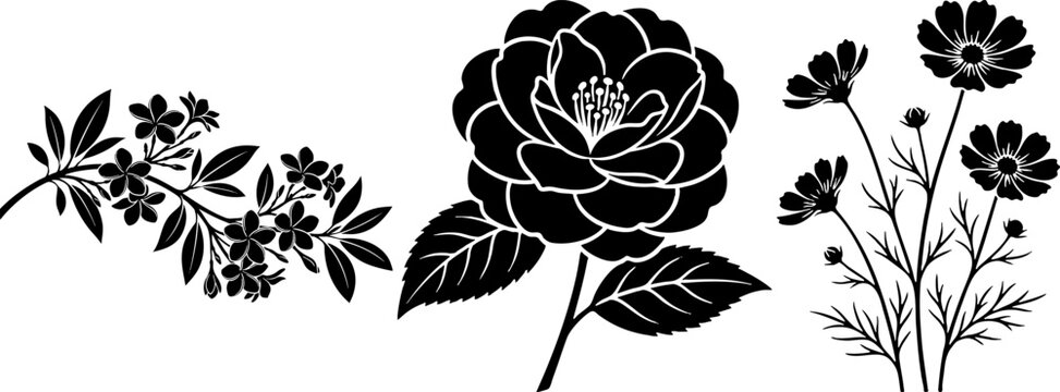 Black floral silhouette vector set with rose and cosmos flowers