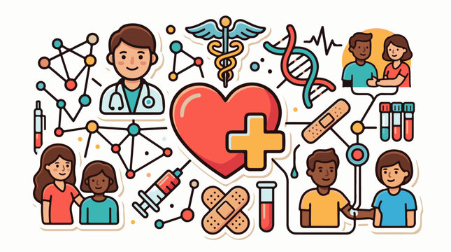 Health science icons doctor patients heart DNA blood tests research