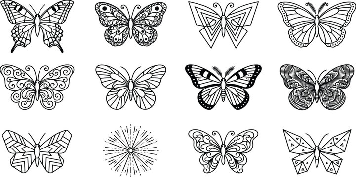 Elegant Decorative Butterfly Collection with Vintage, Geometric, Floral, and Ornamental Wing Patterns for Nature Inspired Vector Illustration Design Set