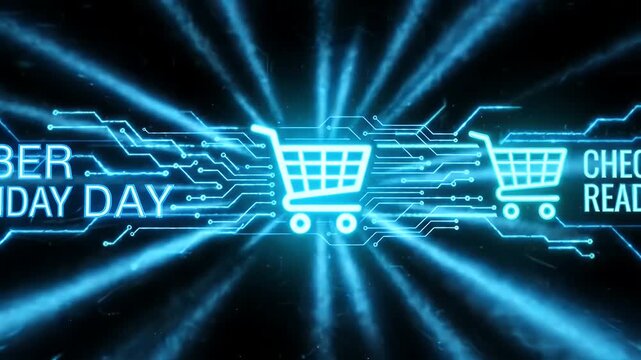 Cyber Monday digital shopping cart concept with glowing blue circuit lines symbolizing futuristic online retail checkout technology and fast electronic sales readiness on black background