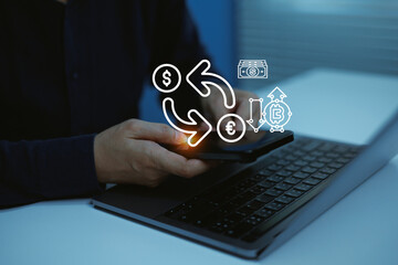 Fototapeta premium Digital currency exchange Businessman holding smartphone, foreign exchange, cross-border payment, fintech, cryptocurrency, mobile banking, online money transfer secure global financial transactions